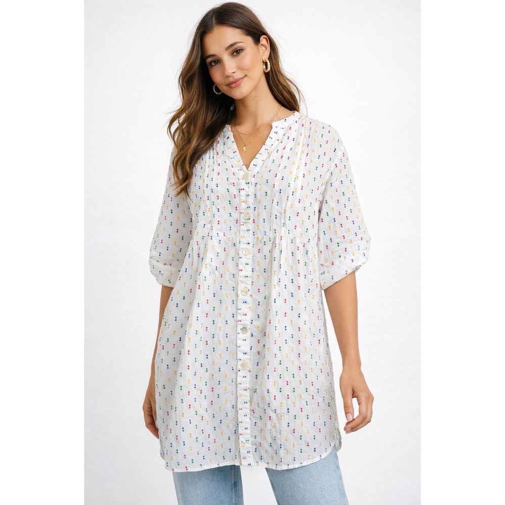 Club Z Collection Blouse M White Cotton Multicolor Dot Button Front Casual